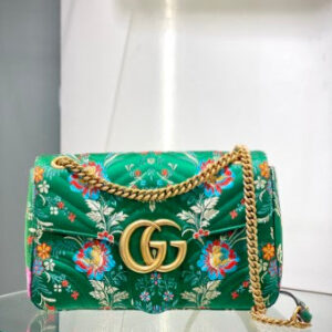 Gucci Green Satin Jacquard Floral Matelasse Marmont Medium Bag