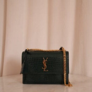 YSL Green Embossed Croco Sunset Medium Bag