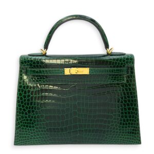 Sellier Kelly 32 Vert Fonce in Shiny Porosus, Gold hardware
