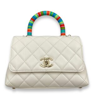 Quilted Coco Handle (18cm) Mini White, Rainbow Handle Crossbody Bag in Calfskin, Gold hardware