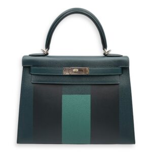 Lettre Sellier Kelly 28 Vert Cypres/Blue Obscure/Malachite in Epsom/Sombrero/Clemence, Palladium hardware