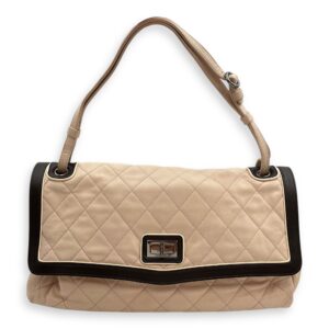 Two Tone Mademoiselle Lock Flap Beige Sholder bag in Lambskin, Silver hardware