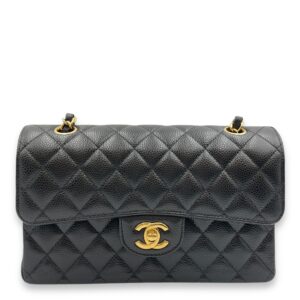 Classic Quilted Small Black Double Flap Bag in Caviar Leather, Gold hardware