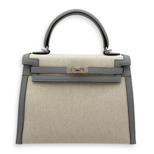Sellier Kelly 25 Ecru-Bleu Glacier/Gris Pantin in Toile/Swift, Palladium hardware