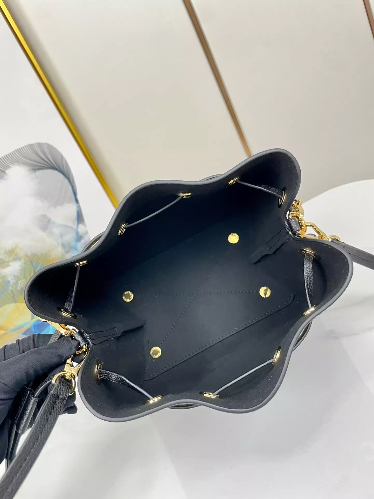 Bella Bucket Bag Monogram Gold Lamination Black Leather - Repbags.ru - Image 10