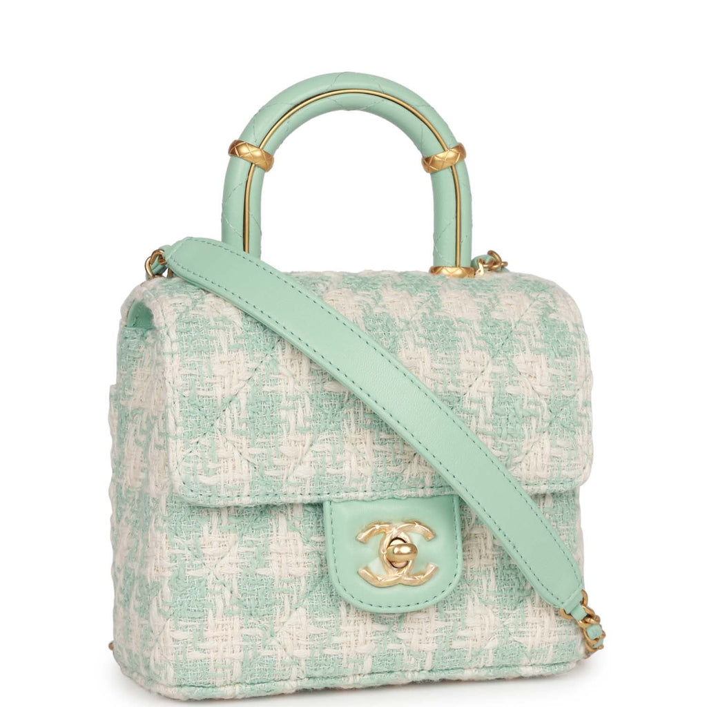 Chanel Mini Square Flap with Top Handle Turquoise and Ecru Tweed Antique Gold Hardware - Image 3