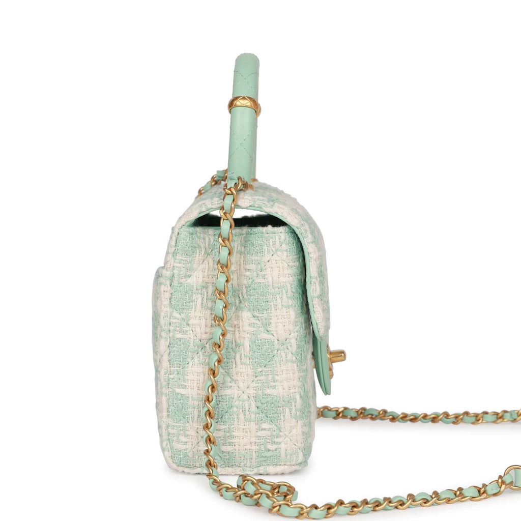 Chanel Mini Square Flap with Top Handle Turquoise and Ecru Tweed Antique Gold Hardware - Image 4