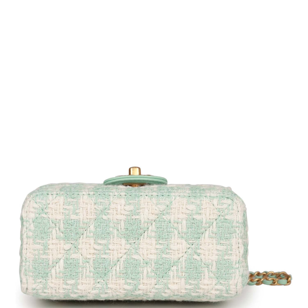 Chanel Mini Square Flap with Top Handle Turquoise and Ecru Tweed Antique Gold Hardware - Image 7