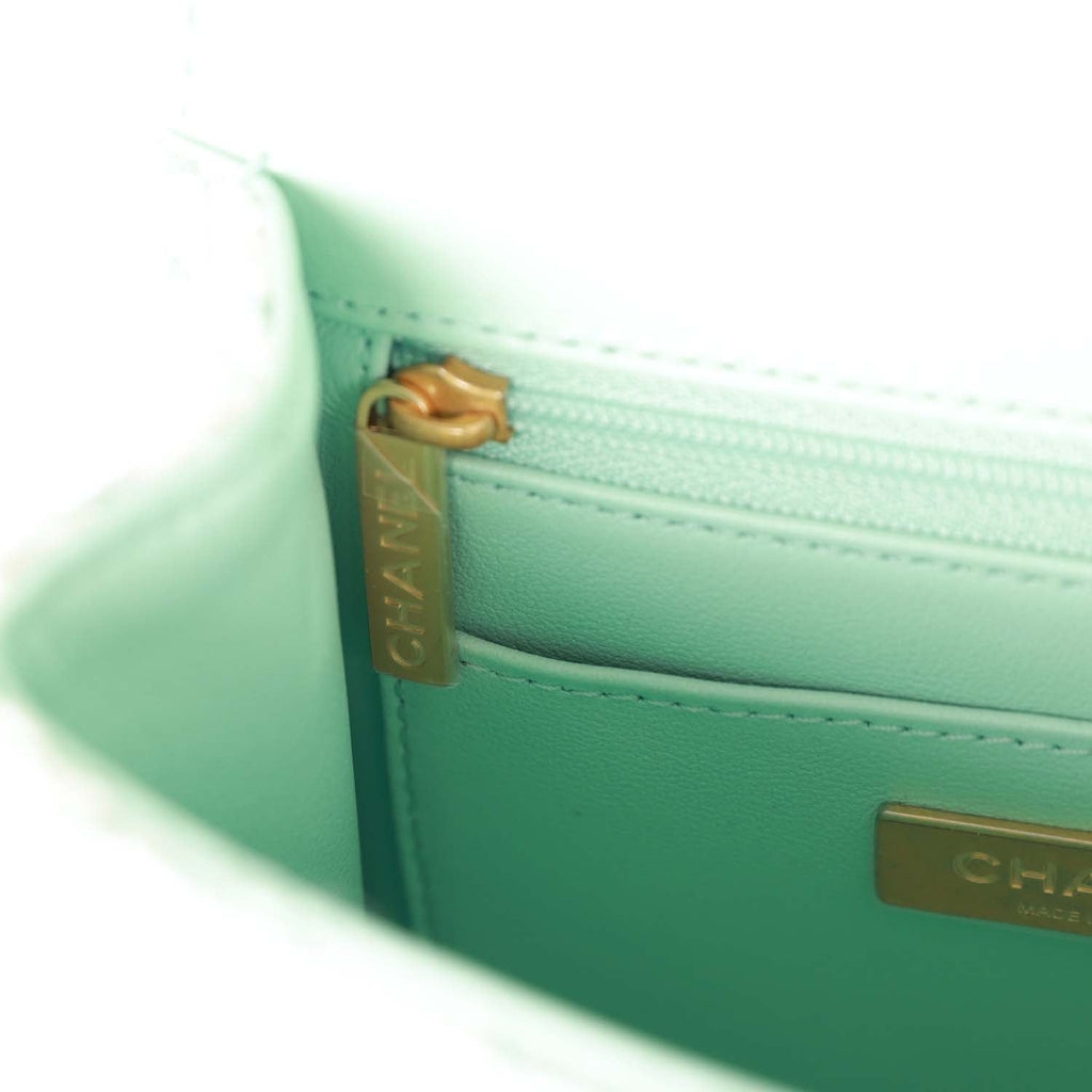 Chanel Mini Square Flap with Top Handle Turquoise and Ecru Tweed Antique Gold Hardware - Image 11