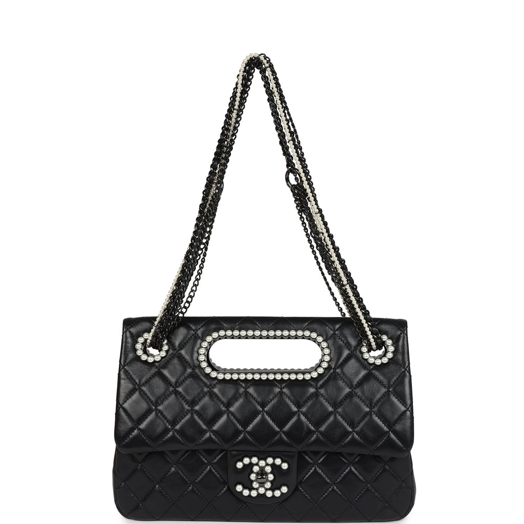 Chanel Large Double Flap Bag with Pearl Cut Out Handle Black Shiny Lambskin Black Hardware - Image 8