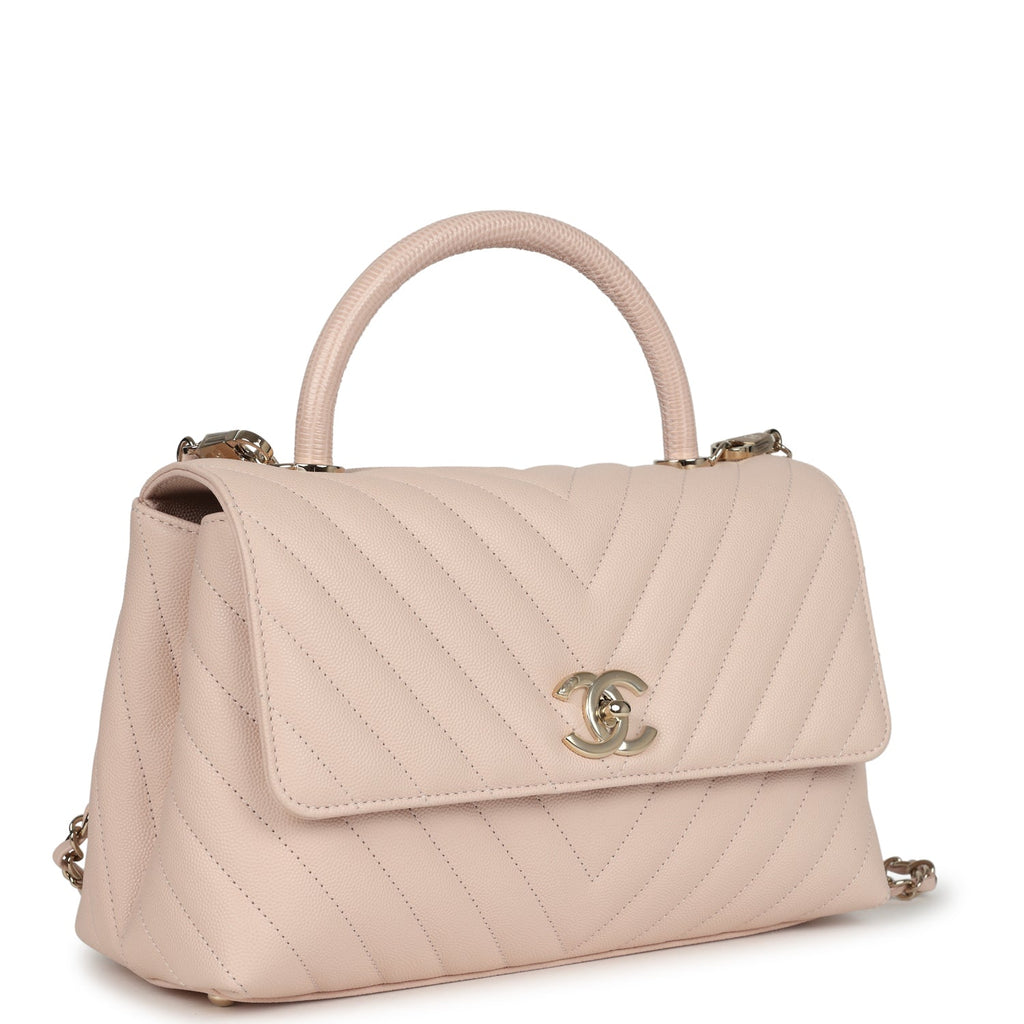 Chanel Medium Coco Top Handle Flap Bag Light Beige Chevron Caviar Light Gold Hardware - Image 3
