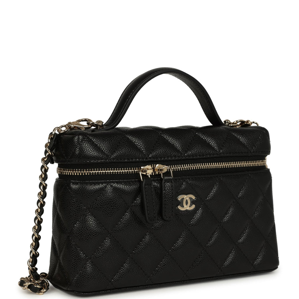 Chanel Top Handle Long Vanity Case with Chain Black Shiny Caviar Light Gold Hardware - Image 3