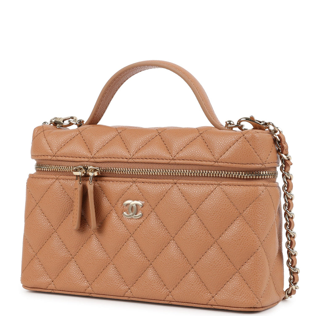 Chanel Top Handle Long Vanity Case with Chain Caramel Shiny Caviar Light Gold Hardware - Image 6