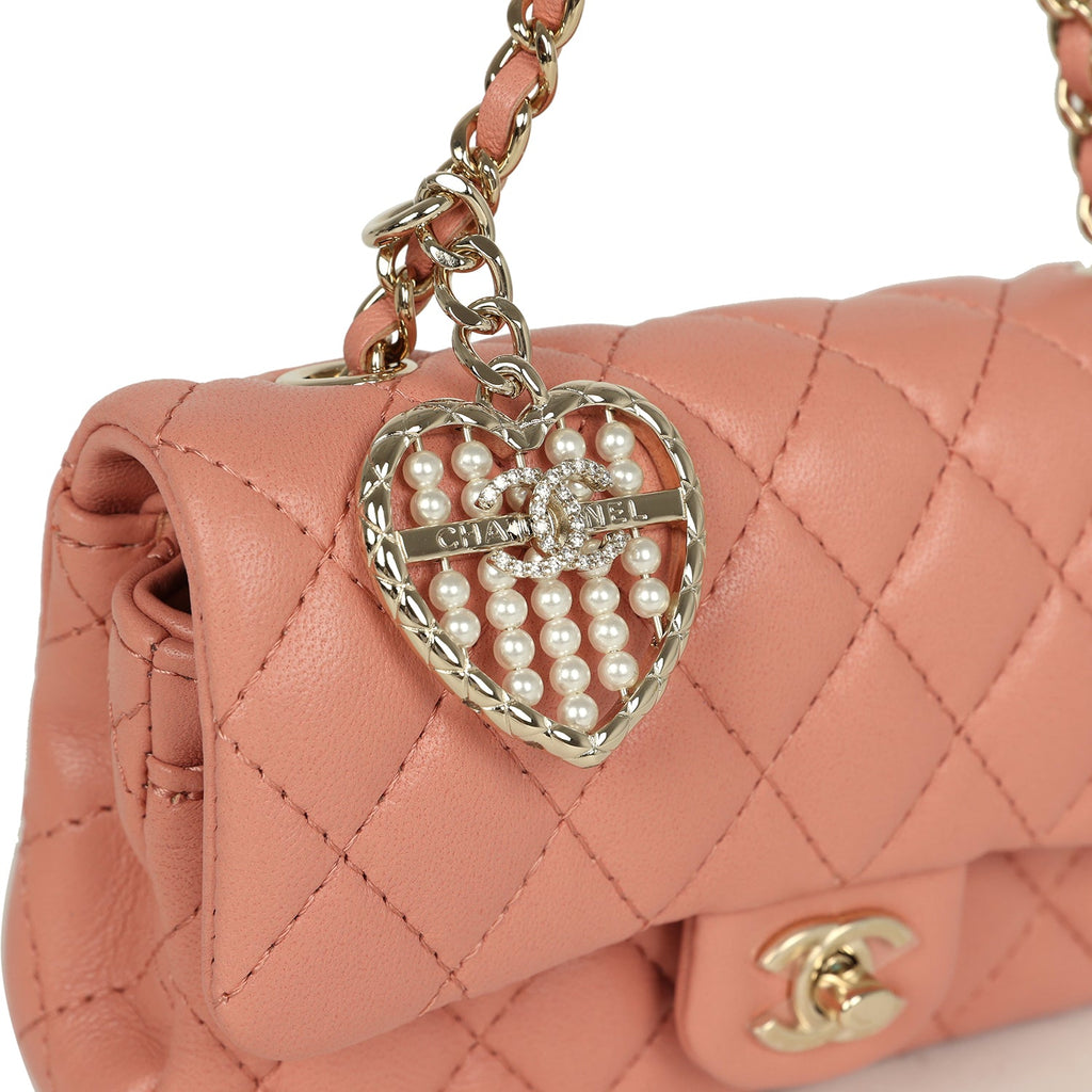 Chanel Nano Classic Double Flap Bag Charm Pink Lambskin Light Gold Hardware - Image 7
