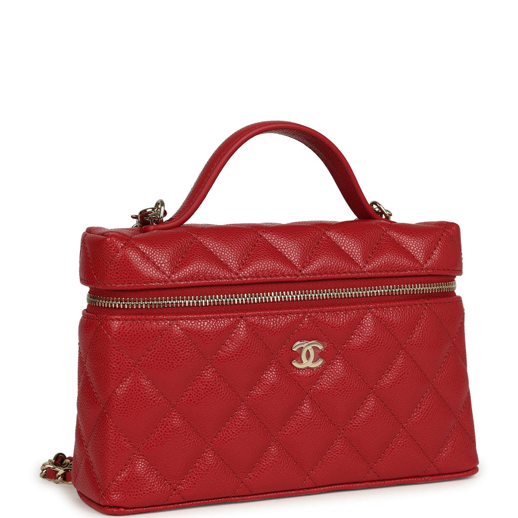 Chanel Top Handle Long Vanity Case with Chain Red Shiny Caviar Light Gold Hardware - Image 3