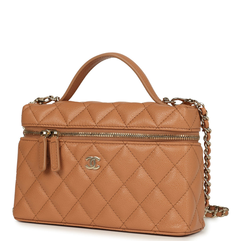 Chanel Top Handle Long Vanity Case with Chain Dark Beige Shiny Caviar Light Gold Hardware - Image 6