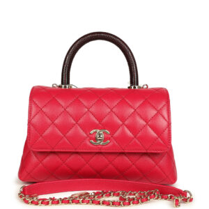 Chanel Small Coco Top Handle Flap Bag Dark Red Shiny Caviar and Burgundy Lizard Light Gold Hardware