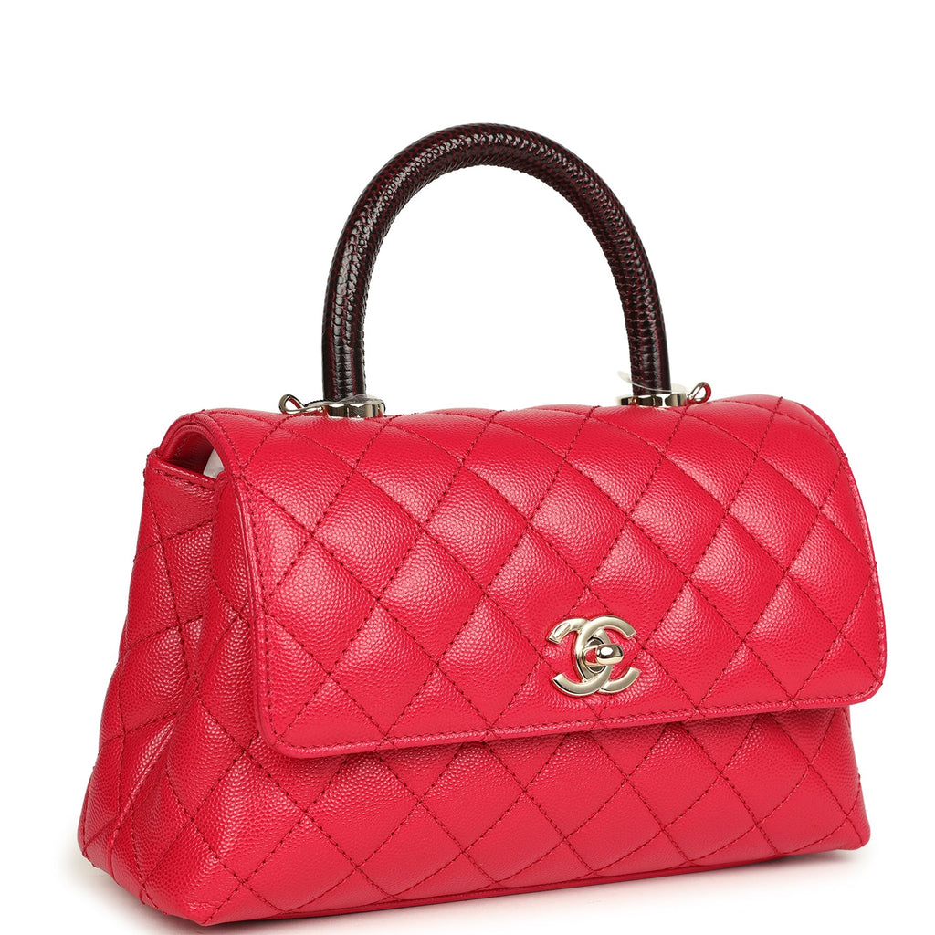 Chanel Small Coco Top Handle Flap Bag Dark Red Shiny Caviar and Burgundy Lizard Light Gold Hardware - Image 3