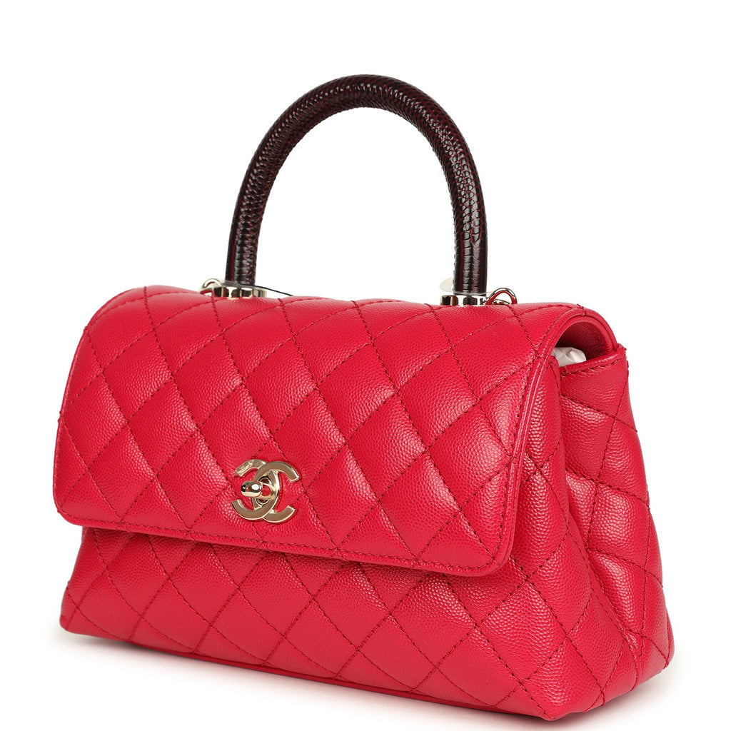 Chanel Small Coco Top Handle Flap Bag Dark Red Shiny Caviar and Burgundy Lizard Light Gold Hardware - Image 6