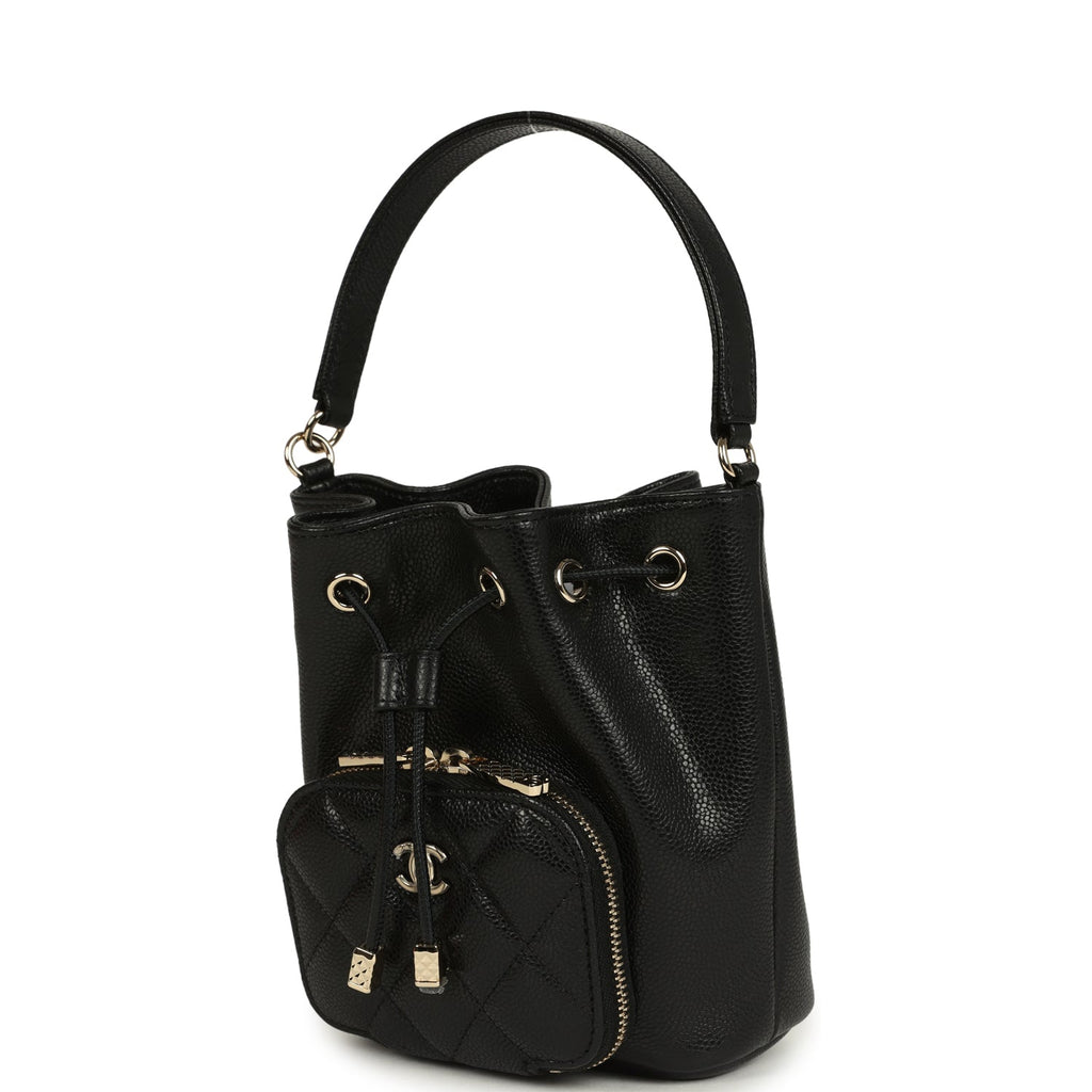 Chanel Mini Top Handle Bucket Bag with Chain Black Shiny Caviar Light Gold Hardware - Image 6
