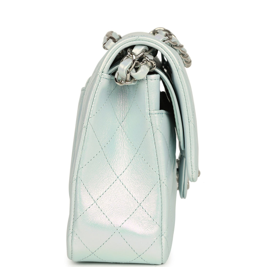 Pre-owned Chanel Medium Classic Double Flap Bag Light Blue Iridescent Calfskin Silver Hardware - Image 4