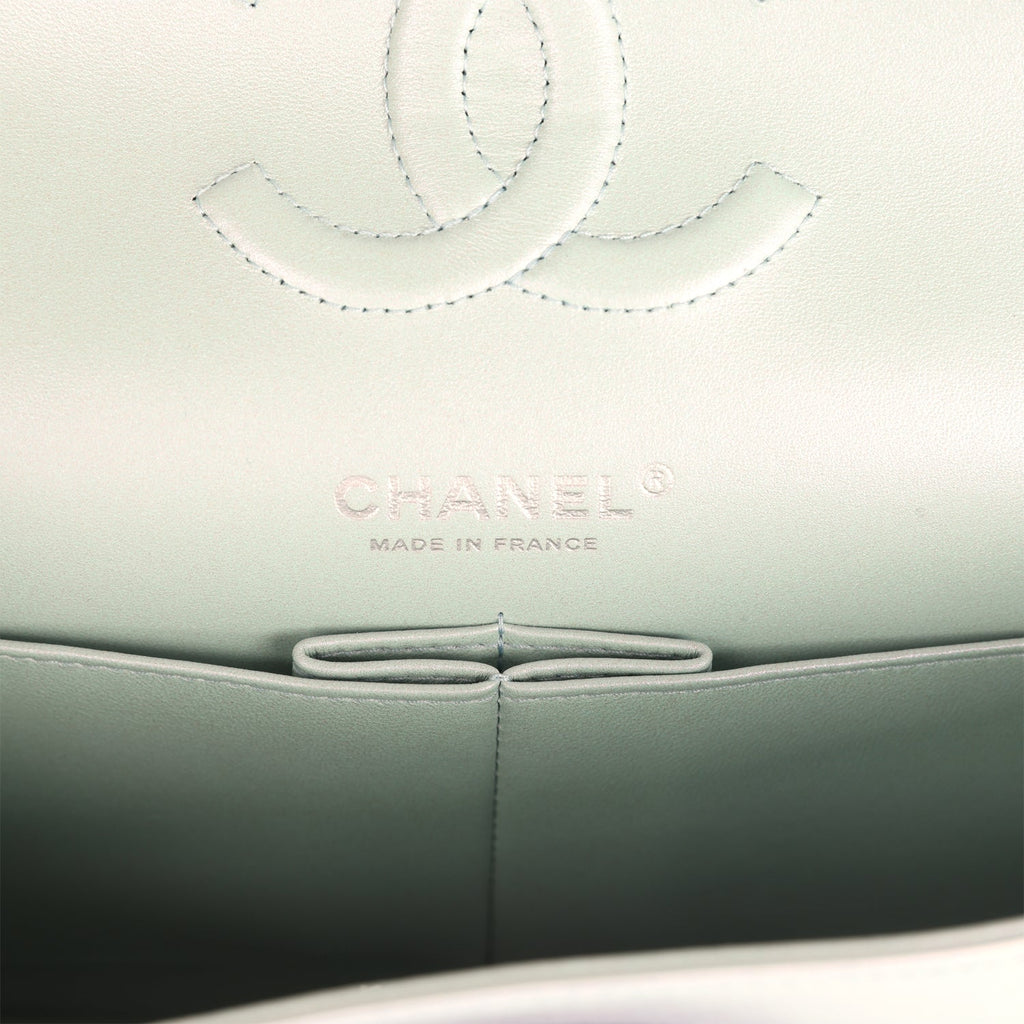Pre-owned Chanel Medium Classic Double Flap Bag Light Blue Iridescent Calfskin Silver Hardware - Image 10