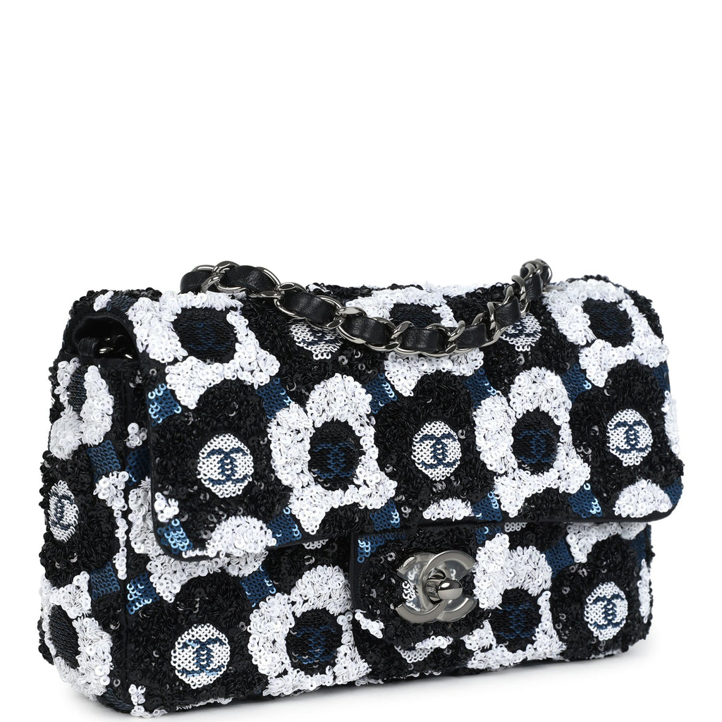Chanel Mini Rectangular Flower Flap Bag Black, Navy and White Sequin Ruthenium Hardware - Image 3