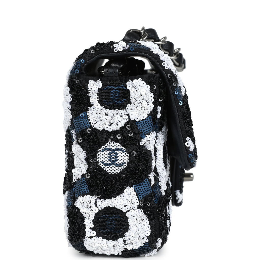 Chanel Mini Rectangular Flower Flap Bag Black, Navy and White Sequin Ruthenium Hardware - Image 4