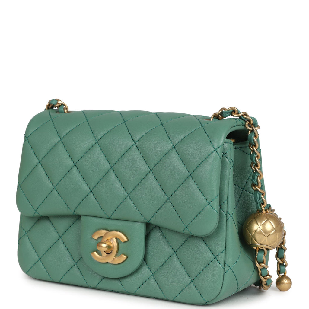 Chanel Mini Square Pearl Crush Flap Bag Green Lambskin Antique Gold Hardware - Image 6
