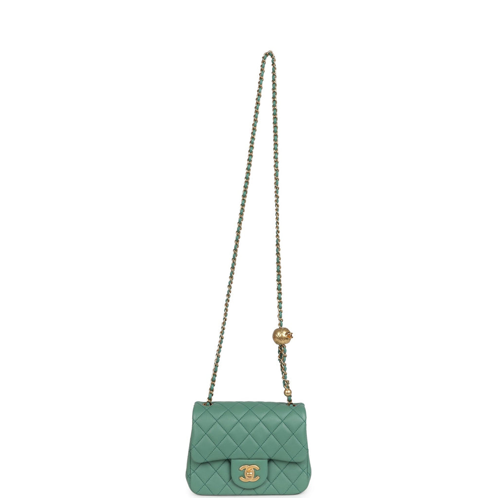 Chanel Mini Square Pearl Crush Flap Bag Green Lambskin Antique Gold Hardware - Image 8