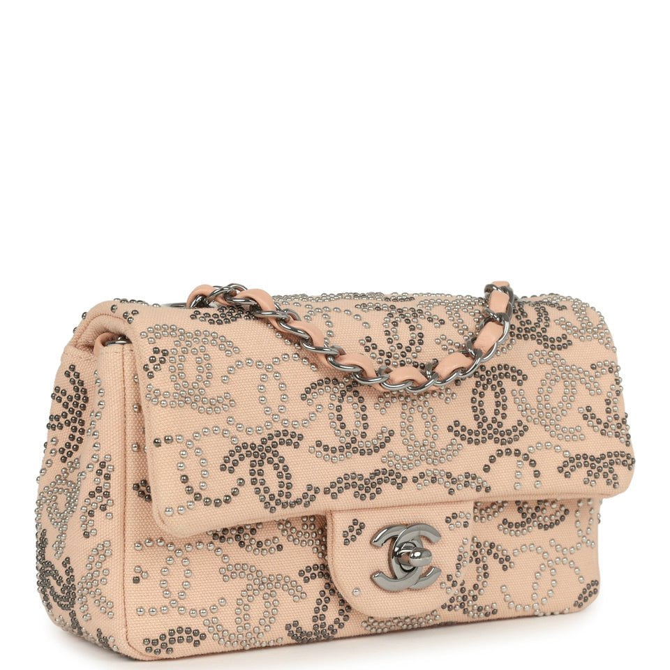 Pre-owned Chanel Mini CC Studded Rectangular Flap Bag Light Pink Canvas Ruthenium Hardware - Image 3