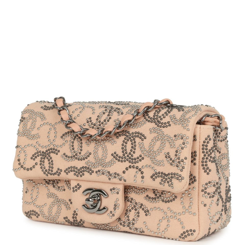 Pre-owned Chanel Mini CC Studded Rectangular Flap Bag Light Pink Canvas Ruthenium Hardware - Image 4