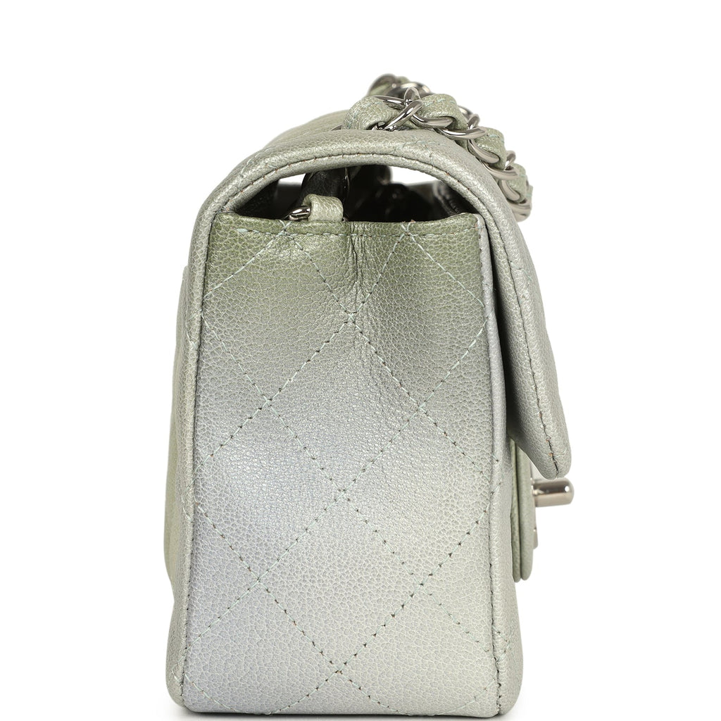 Chanel Mini Classic Rectangular Flap Bag Grey and Green Ombre Iridescent Goatskin Silver Hardware - Image 4