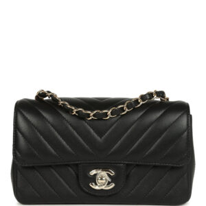 Chanel Mini Chevron Classic Rectangular Flap Bag Black Lambskin Light Gold Hardware