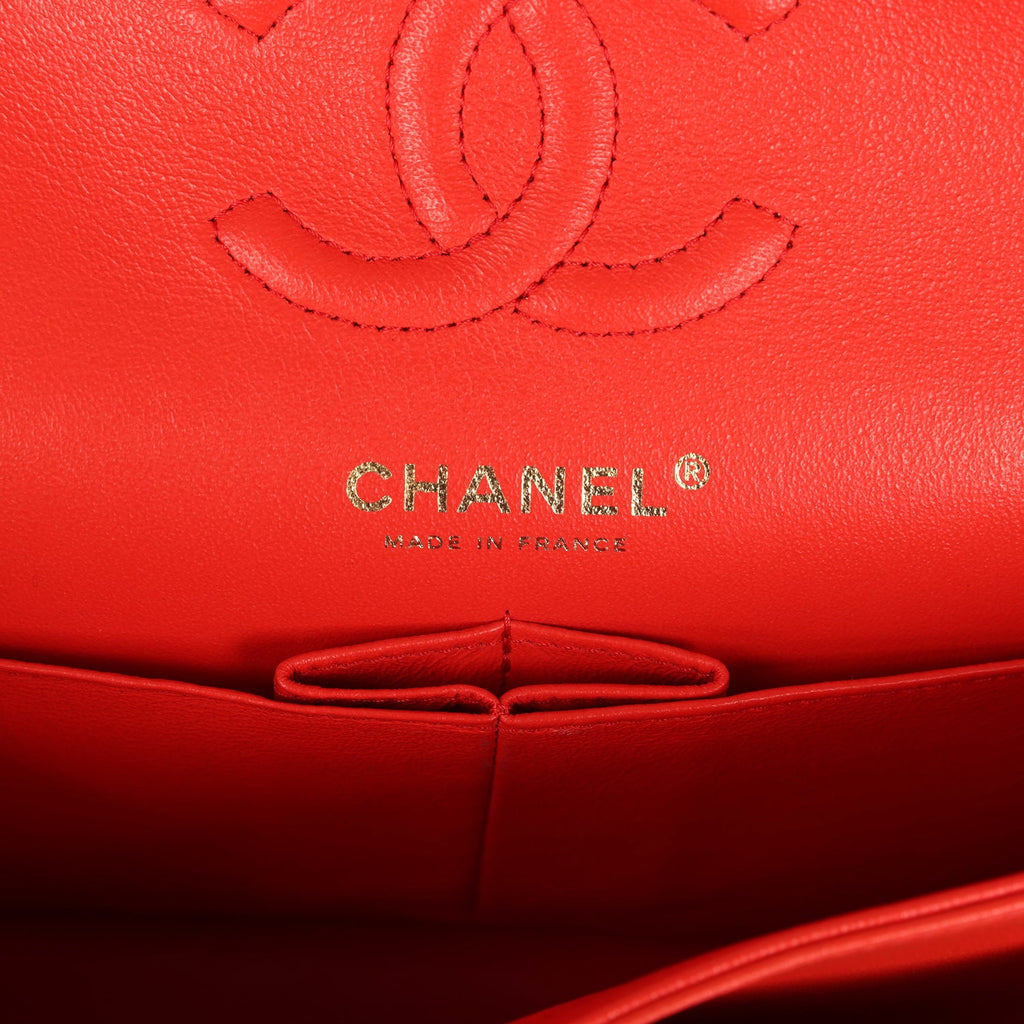 Pre-owned Chanel Small Classic Double Flap Bag Red Lambskin Light Gold Hardware - Image 9