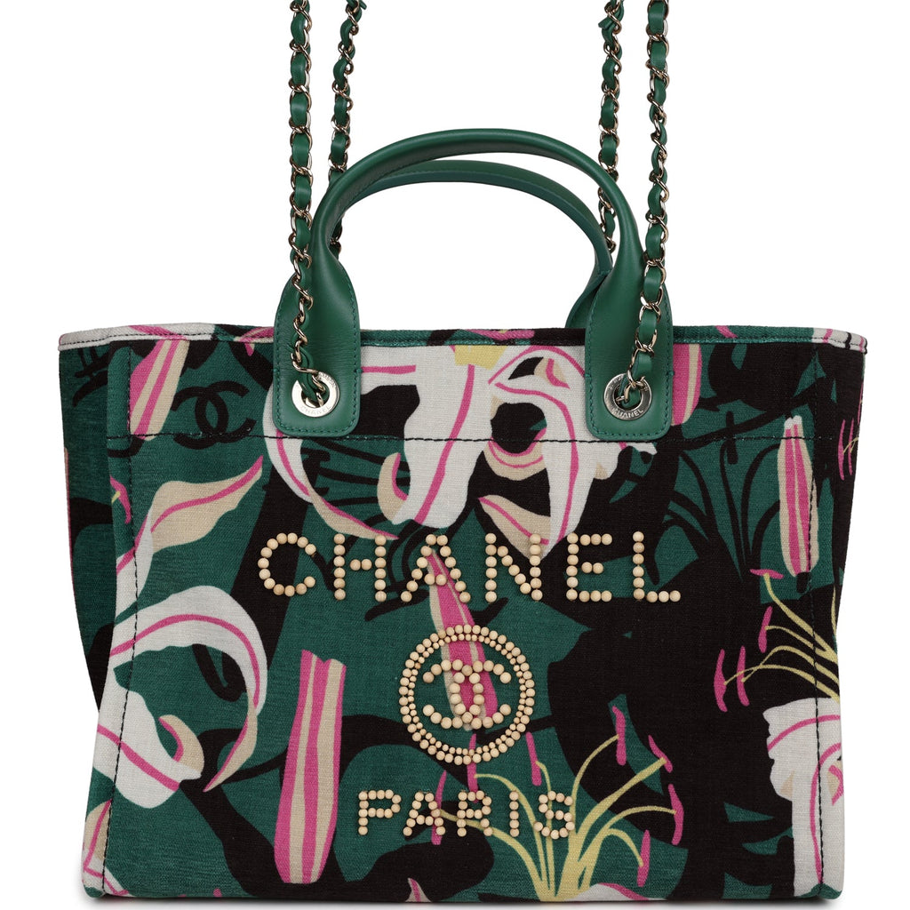 Chanel Small Deauville Shopping Tote Green and Pink Tropical Floral Velvet Light Gold Hardware - Image 3