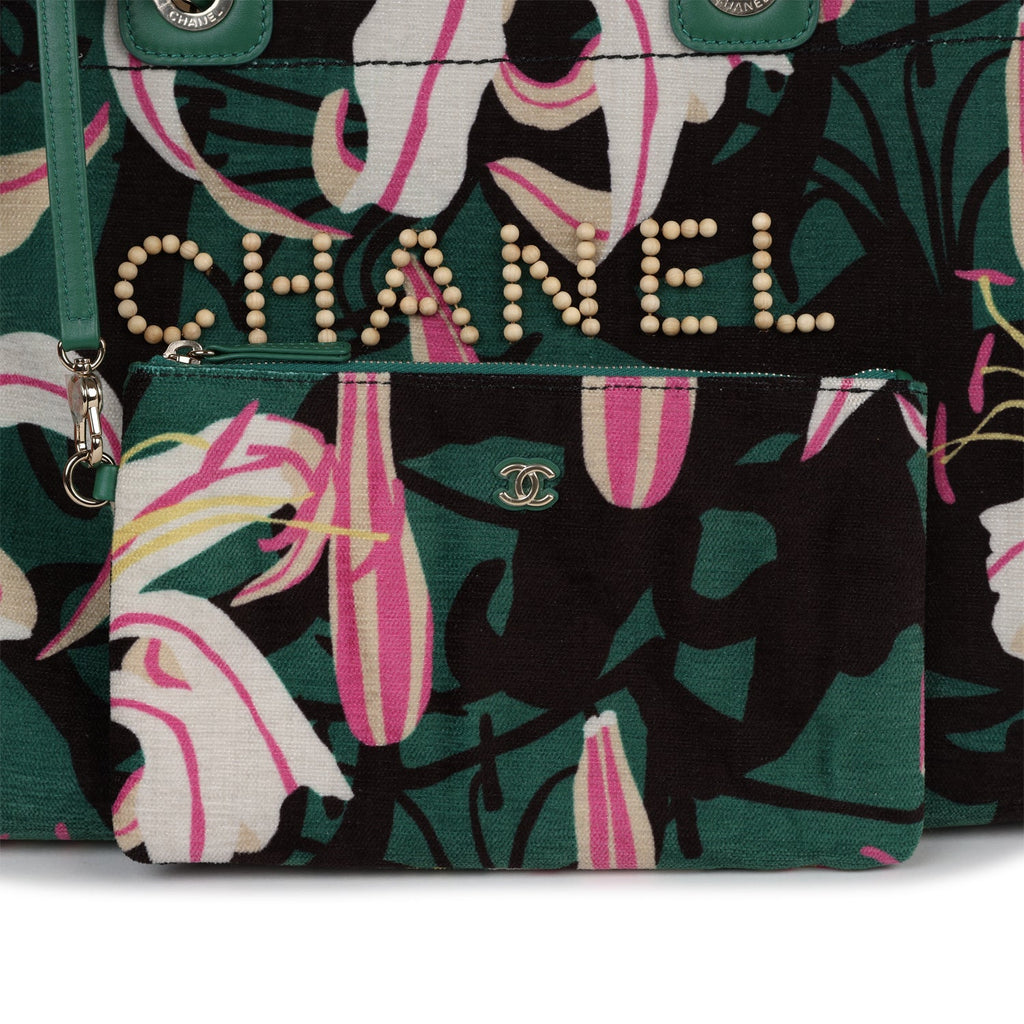 Chanel Small Deauville Shopping Tote Green and Pink Tropical Floral Velvet Light Gold Hardware - Image 9