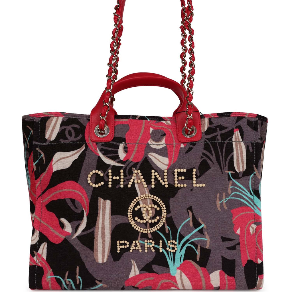 Chanel Medium Deauville Shopping Tote Grey and Pink Tropical Floral Velvet Light Gold Hardware - Image 3