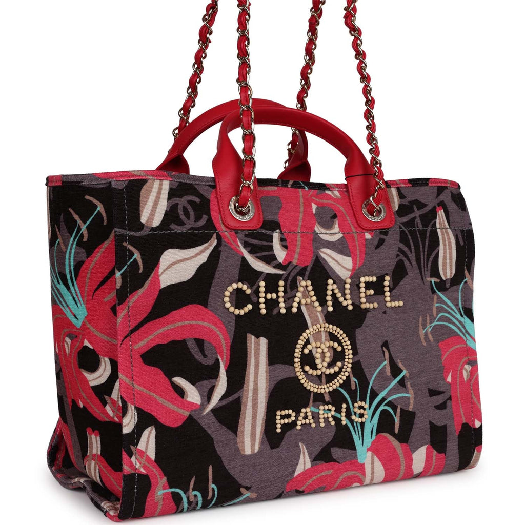 Chanel Medium Deauville Shopping Tote Grey and Pink Tropical Floral Velvet Light Gold Hardware - Image 4
