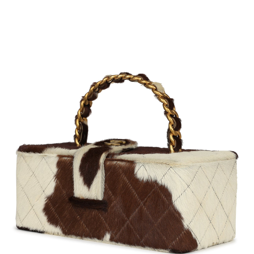 Vintage Chanel Rectangular Vanity Box Brown and White Cow Print Pony Hair Antique Gold Hardware - Image 6