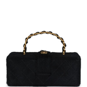 Vintage Chanel Rectangular Vanity Box Black Pony Hair Antique Gold Hardware