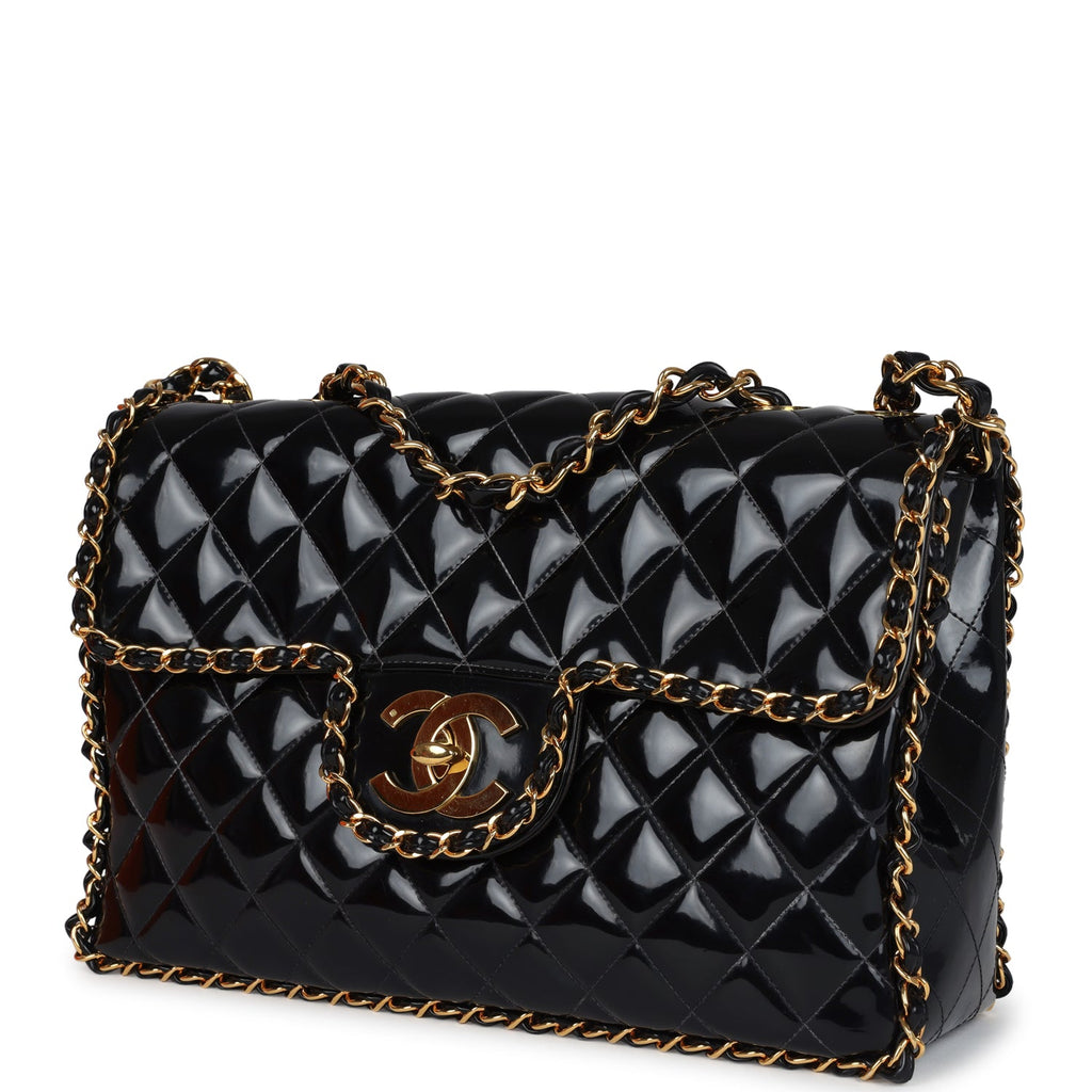 Vintage Chanel Maxi Classic Chain Around Single Flap Bag Black Patent Gold Hardware - Image 6