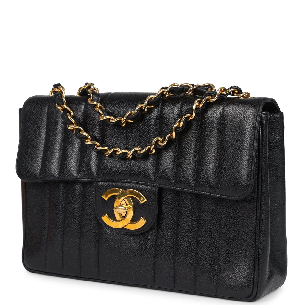 Vintage Chanel Jumbo Classic Mademoiselle Vertical Flap Black Caviar Gold Hardware - Image 6