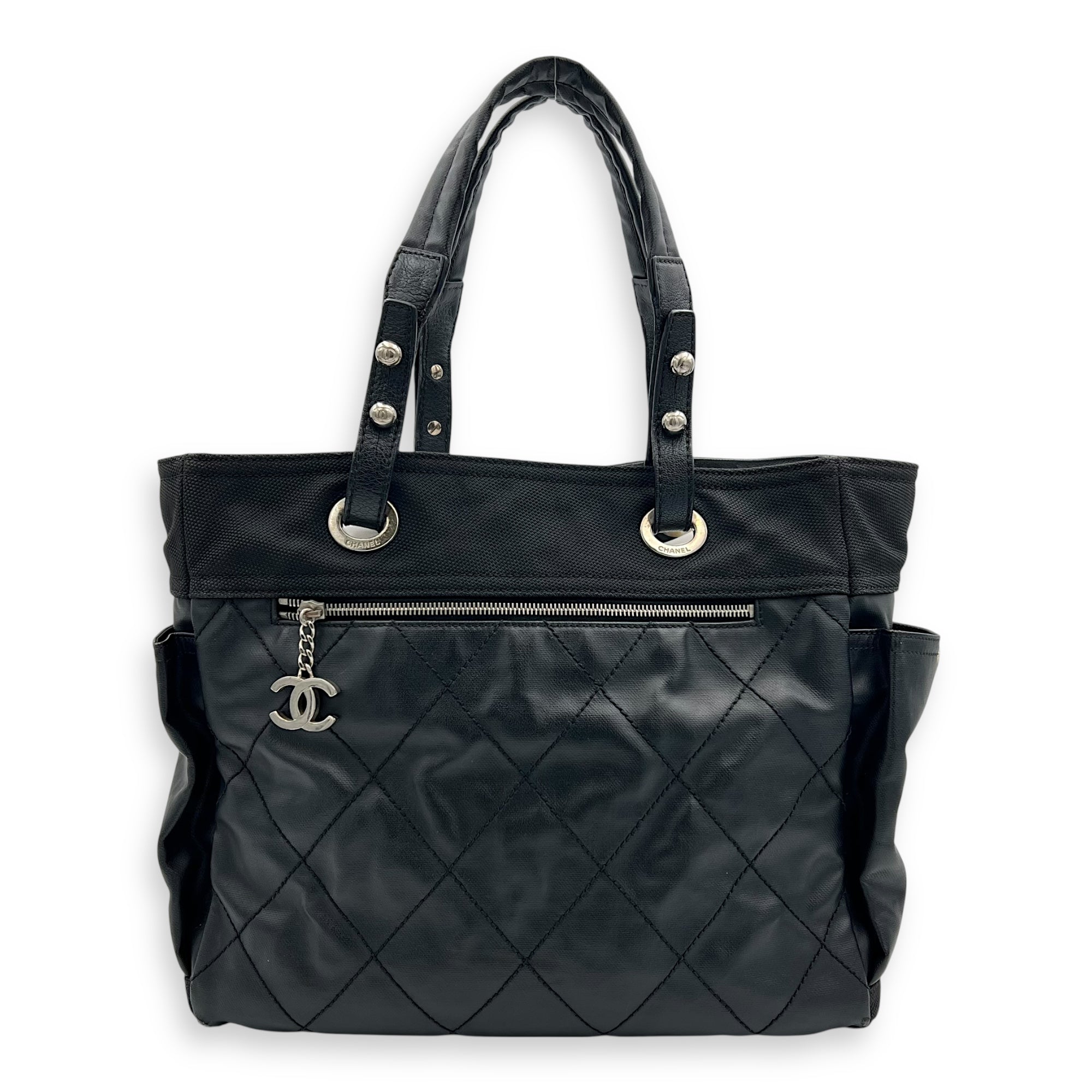 Biarritz Tote Bag Black in Coated Canvas, Silver hardware