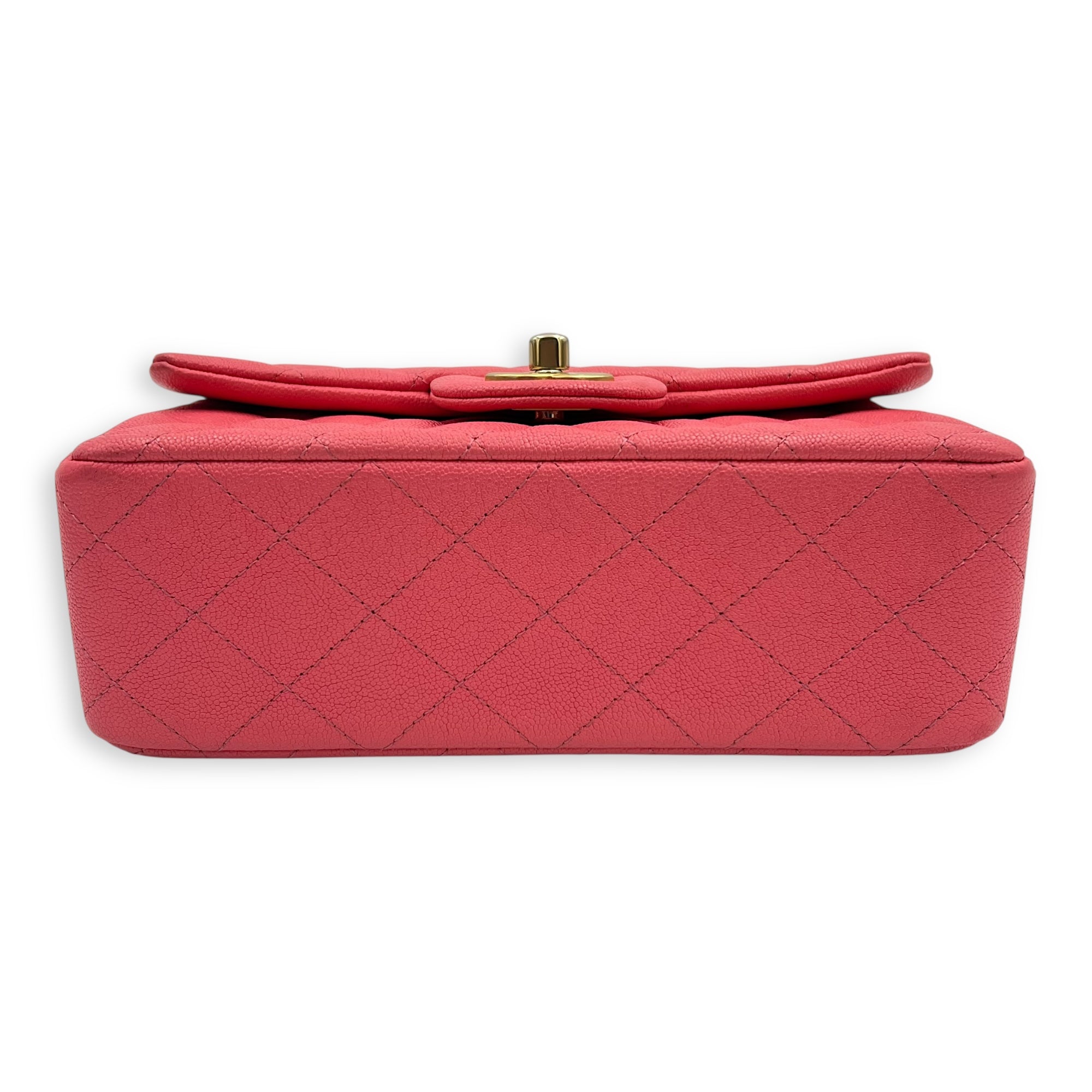 Rectangle Flap Mini Pink Top Handle Bag in Caviar Leather, Brushed Gold hardware - Image 10
