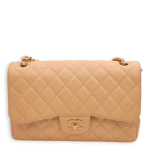 Classic Double Flap Iridescent Beige Shoulder Bag in Caviar Leather, Gold hardware