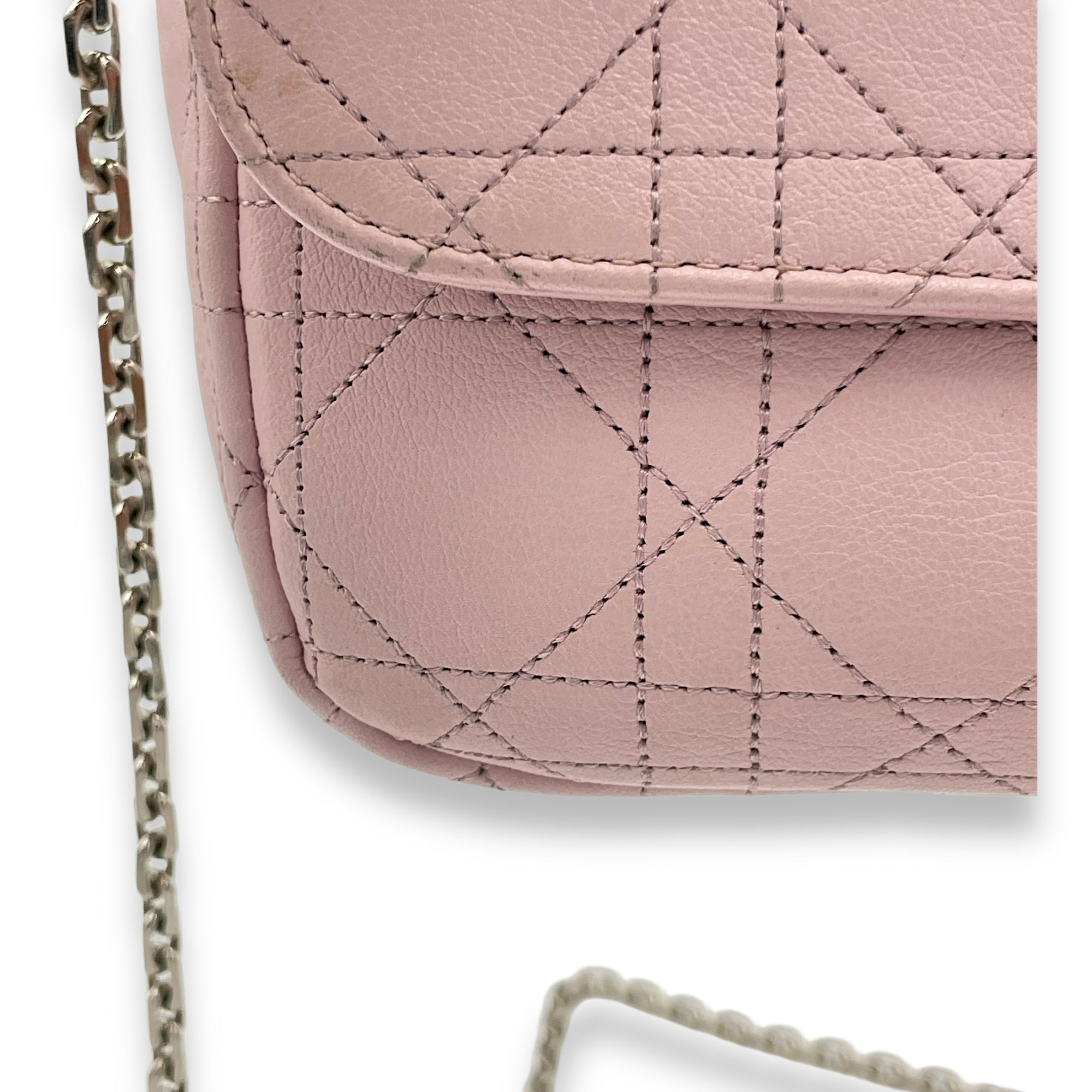 Cannage Stitched Diorling Pink Wallet On Chain in Calfskin, Silver hardware - Image 8