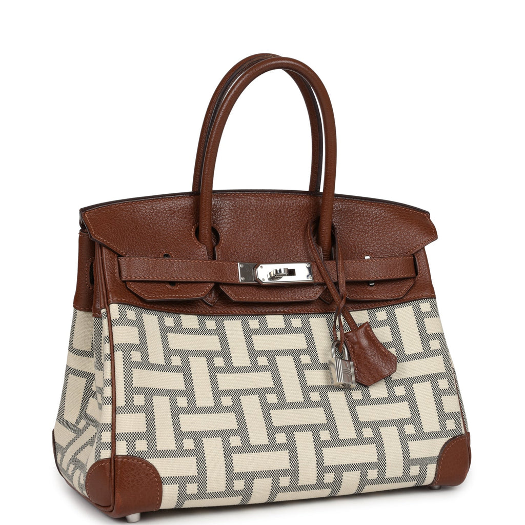 Pre-owned Hermes Birkin 30 Marron D'Inde Buffalo and Mosaique Canvas Palladium Hardware - Image 3