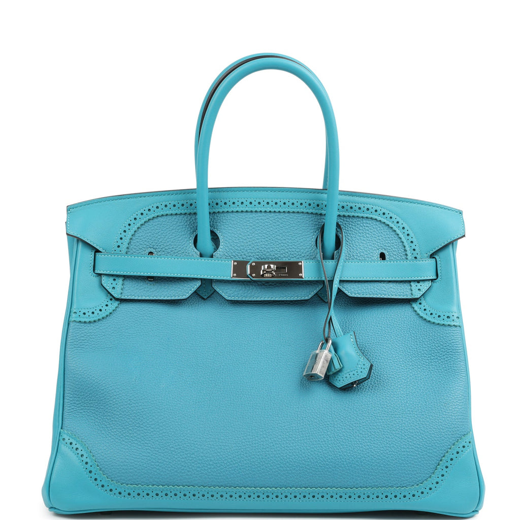 Pre-owned Hermes Birkin 35 Ghillies Turquoise Togo and Swift Palladium Hardware