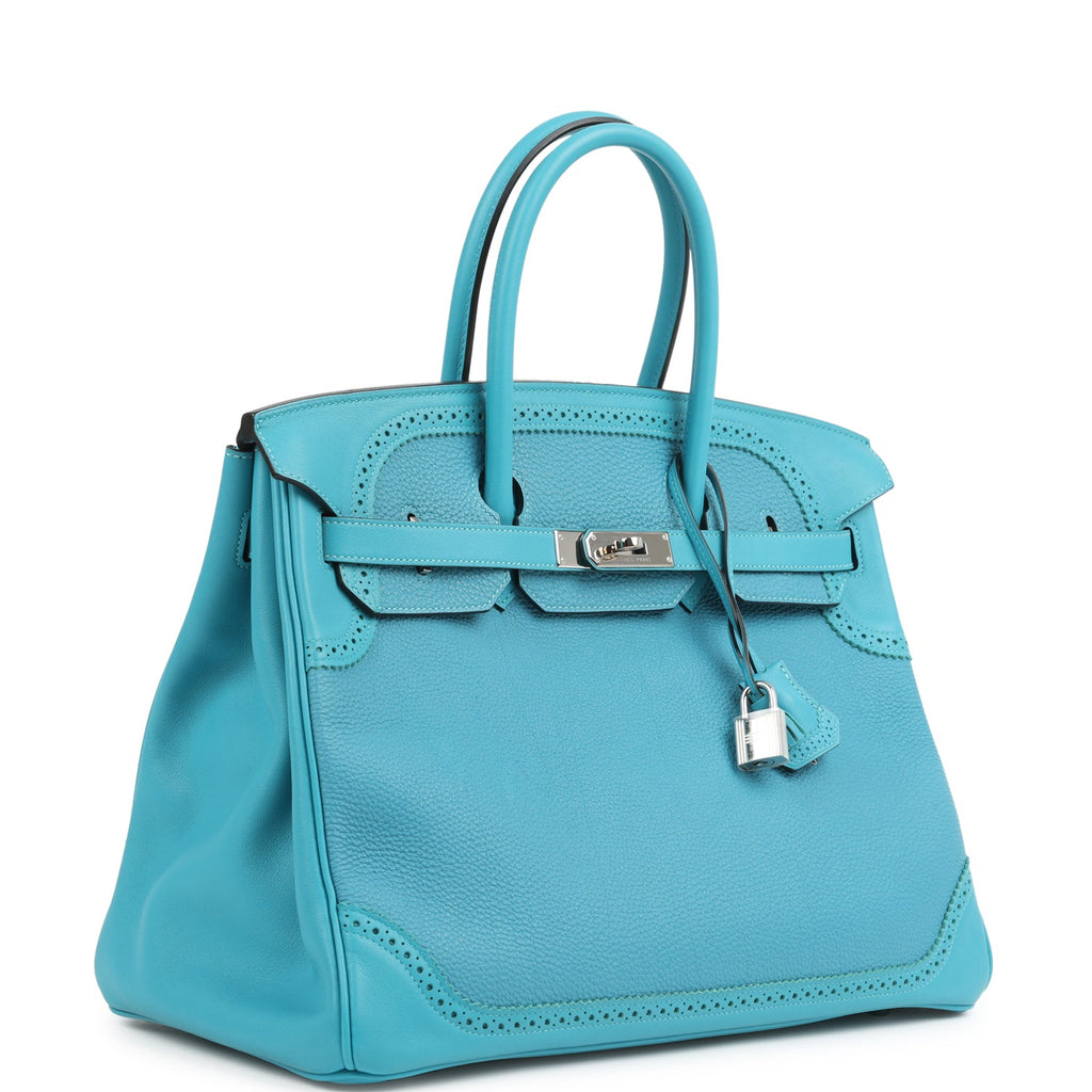 Pre-owned Hermes Birkin 35 Ghillies Turquoise Togo and Swift Palladium Hardware - Image 3